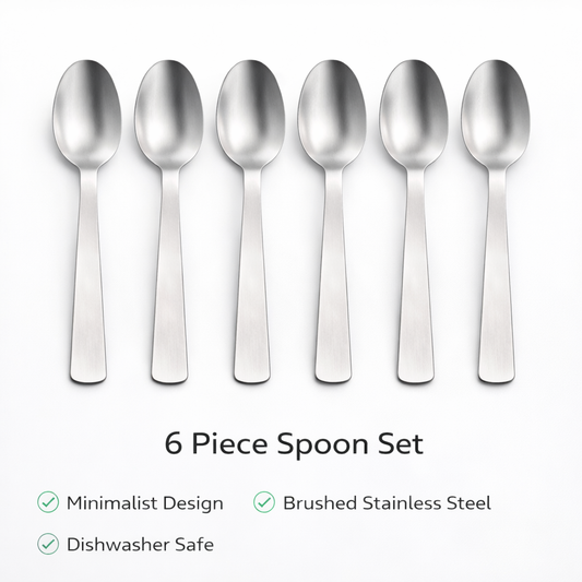 🥄𝑵𝒐𝒓𝒅𝒊𝒄 𝑴𝒊𝒏𝒊𝒎𝒂𝒍𝒊𝒔𝒕 𝑺𝒕𝒂𝒊𝒏𝒍𝒆𝒔𝒔 𝑺𝒕𝒆𝒆𝒍 𝑺𝒑𝒐𝒐𝒏 𝑺𝒆𝒕 – 6 𝑷𝒊𝒆𝒄𝒆 𝑭𝒍𝒂𝒕 𝑯𝒂𝒏𝒅𝒍𝒆 𝑫𝒊𝒏𝒏𝒆𝒓 𝑻𝒂𝒃𝒍𝒆𝒔𝒑𝒐𝒐𝒏𝒔